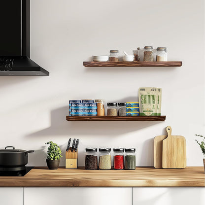Floating Wall Shelves 2-Pack - 24-Inch Rustic Brown Wooden Shelves for Storage and Décor, Easy