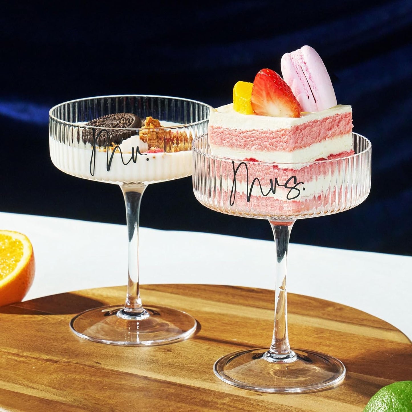Ribbed Coupe Glasses for Anniversary Engagement Wedding Bridal Shower Gifts for Couple, Crystal