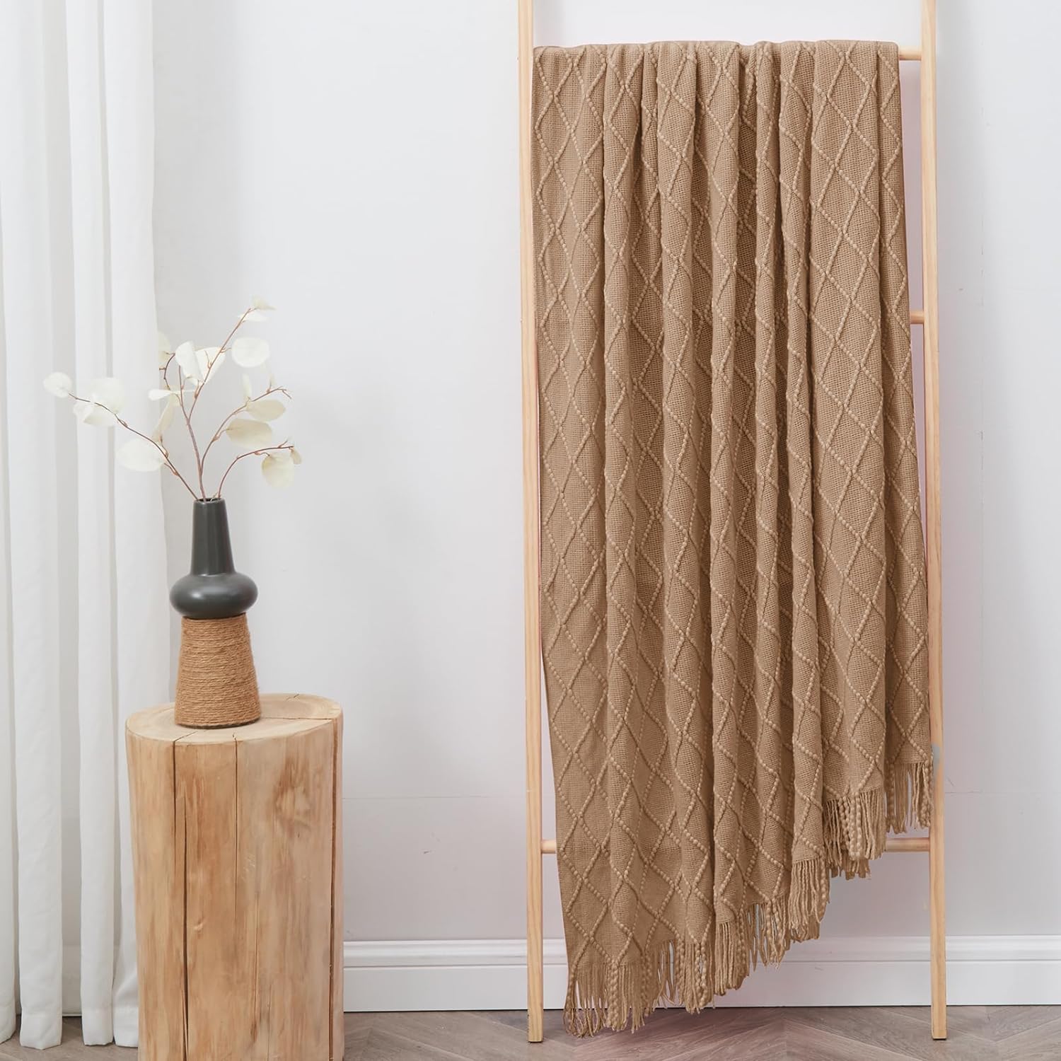 inhand Knitted Throw Blankets for Couch and Bed, Soft Cozy Knit Blanket with Tassel, Khaki