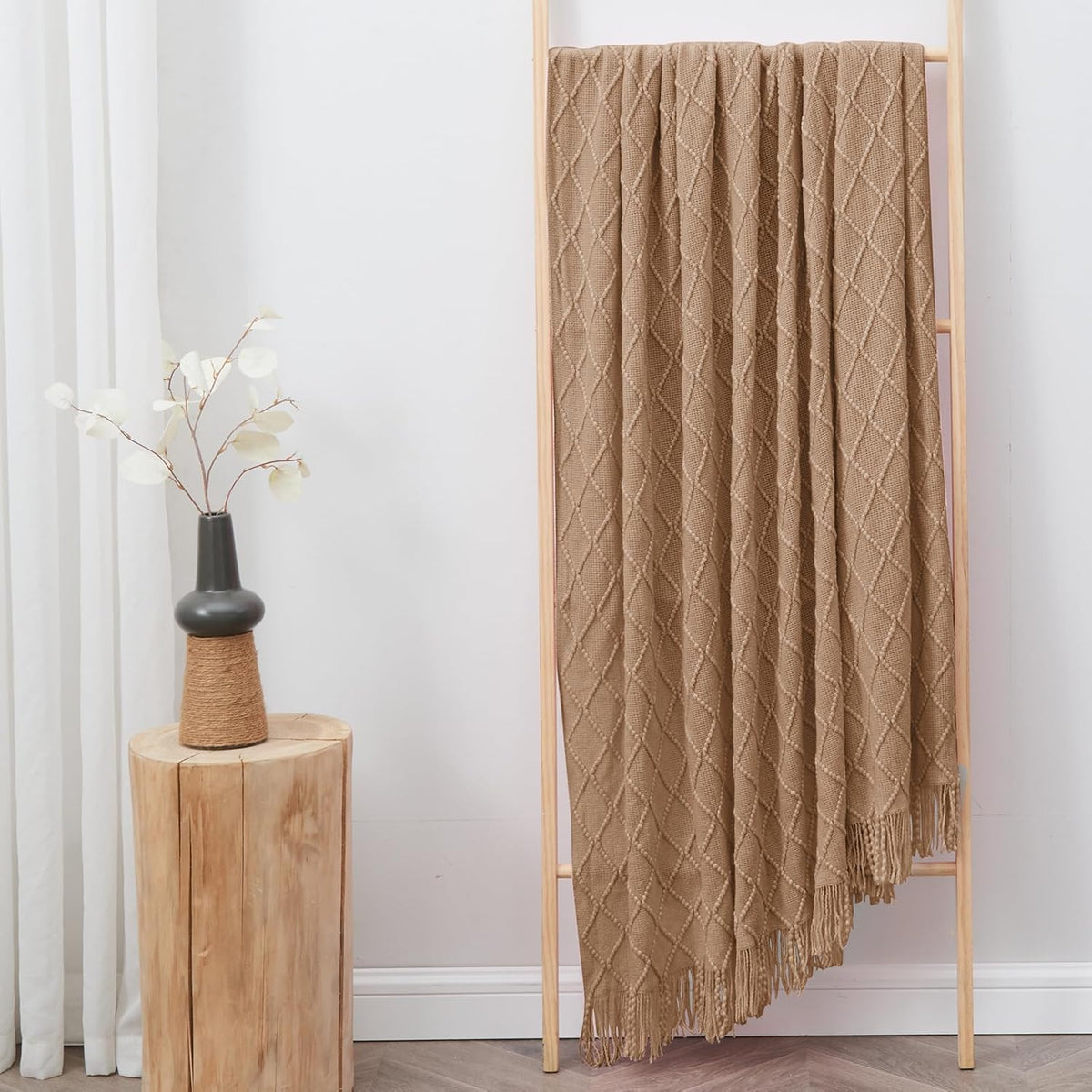 inhand Knitted Throw Blankets for Couch and Bed, Soft Cozy Knit Blanket with Tassel, Khaki