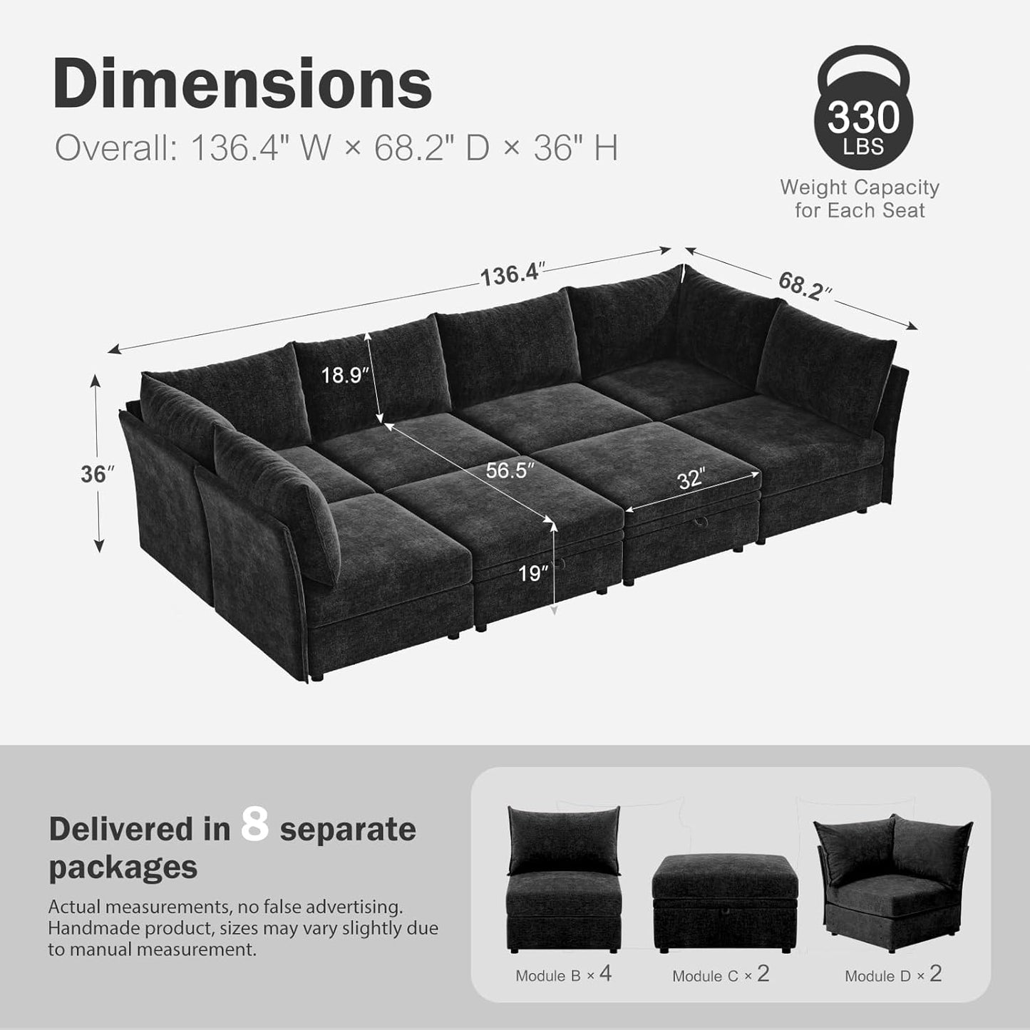 136.4" Oversized Modular Sectional Sleeper Sofa Bed, U Shaped Convertible Couch with Movable