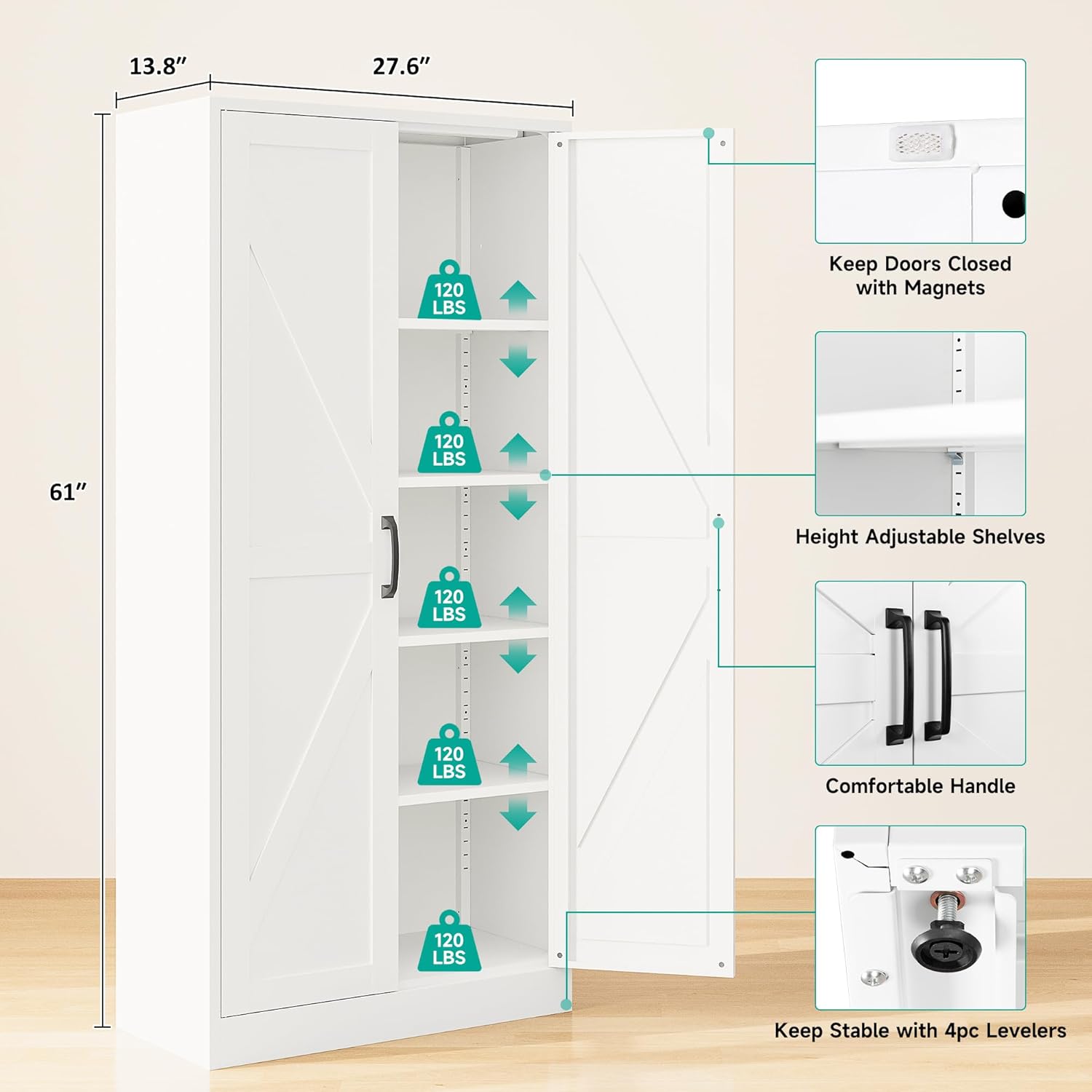 SISESOL Metal Storage Cabinet with 2 Doors and 5 Shelves,61 inch White Pantry Storage Cabinet,Large