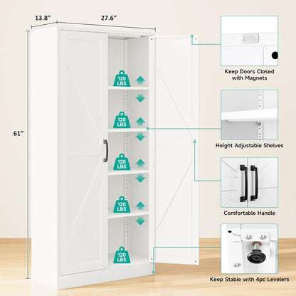 SISESOL Metal Storage Cabinet with 2 Doors and 5 Shelves,61 inch White Pantry Storage Cabinet,Large