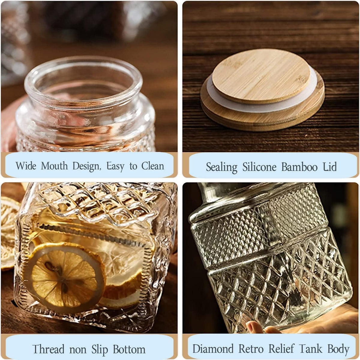 Large Glass Storage Jar, 2 Pack 60 FL OZ Glass Food Storage Containers with Bamboo Lid, Kitchen