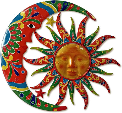 Limygus Sun and Moon Wall Decorations for Outdoor, Colorufl Metal Sun Wall Art Decor with Moon &