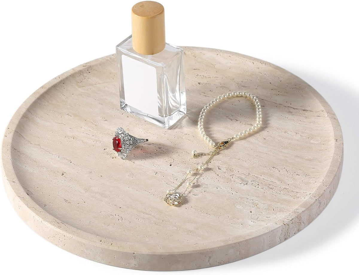 BCS Natural Travertine Tray, 9.8" Round Decorative Marble Vanity Tray for Bathroom Countertop