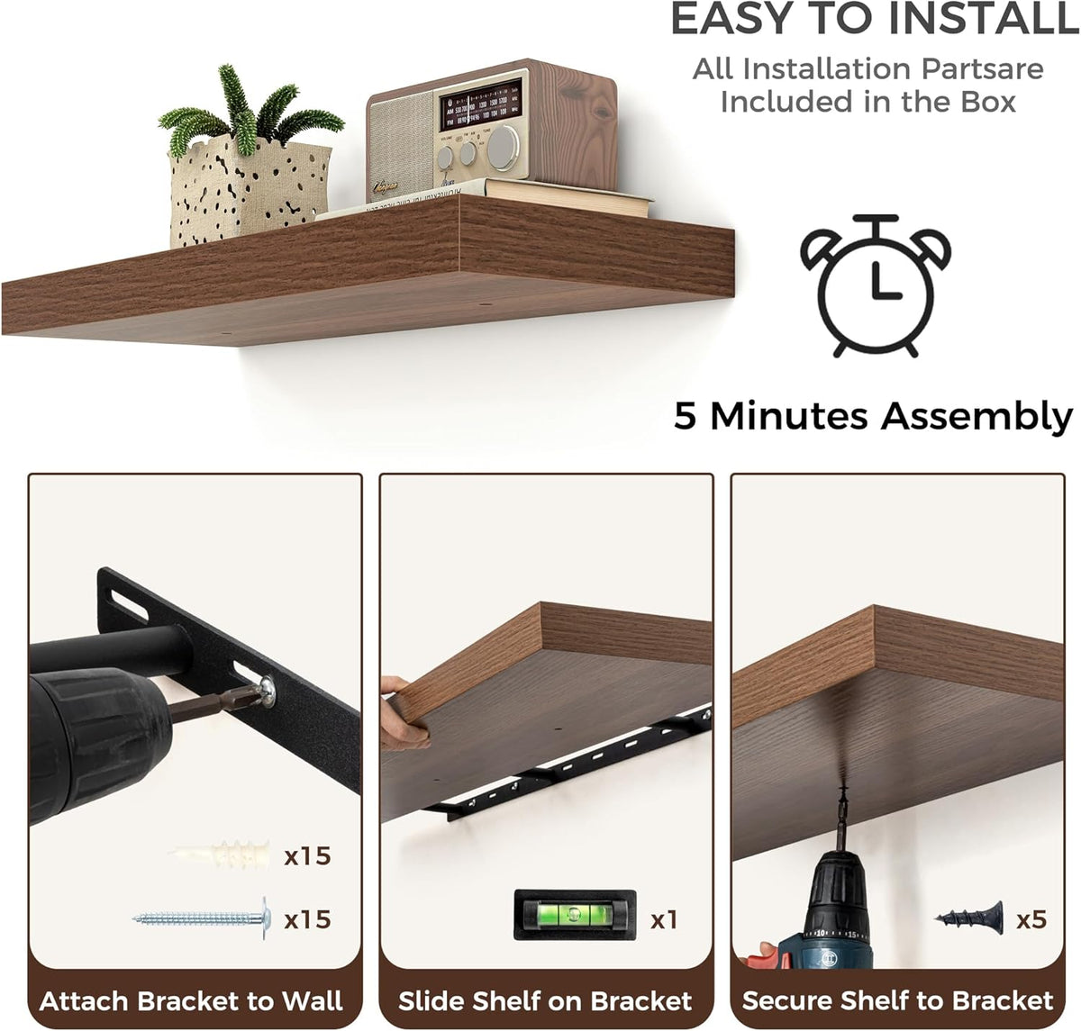Floating Shelves - 2 Large Wall Mounted Shelves with Invisible Brackets, Long Wood Floating Wall