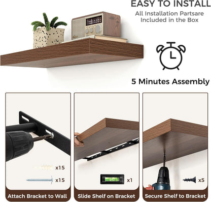 Floating Shelves - 2 Large Wall Mounted Shelves with Invisible Brackets, Long Wood Floating Wall
