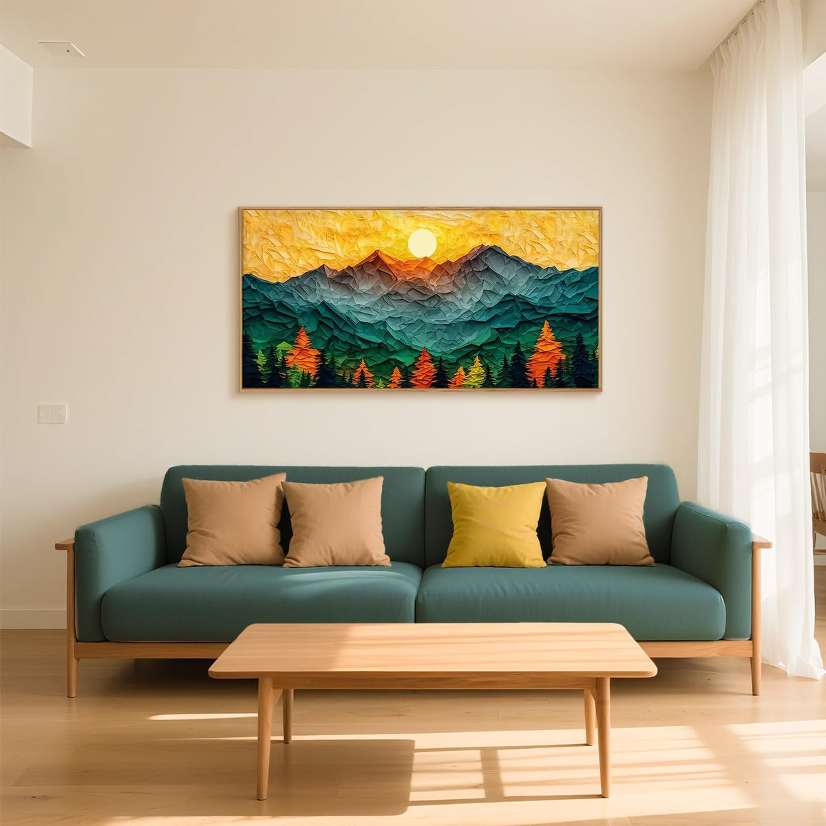 Abstract Sun Mountain Framed Canvas Wall Art Set, Forest Pine Tree Golden Sunset Wall Decor, Mixed