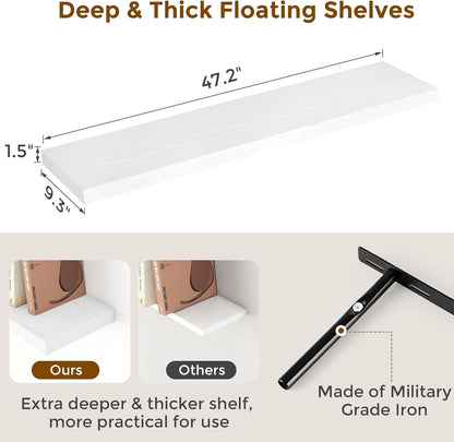 Fun Memories Floating Shelves 48 Inch Set of 2, White 48 x 9 Wall Shelves for Home Decor Storage