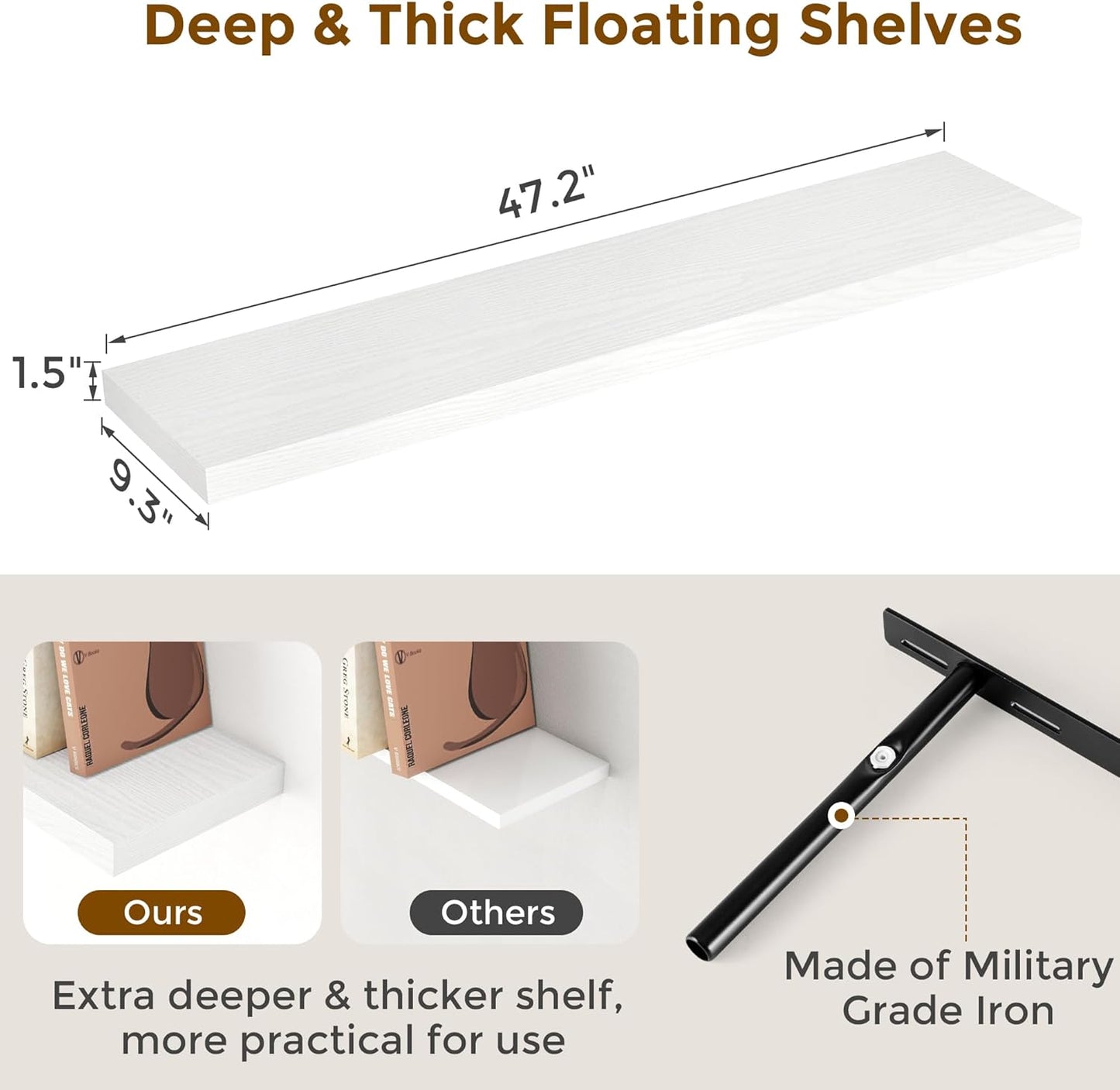 48 Inch Floating Shelves White, Rustic Wood Floating Shelf Wall Mounted, 9 Inch Deep Floating Shelf