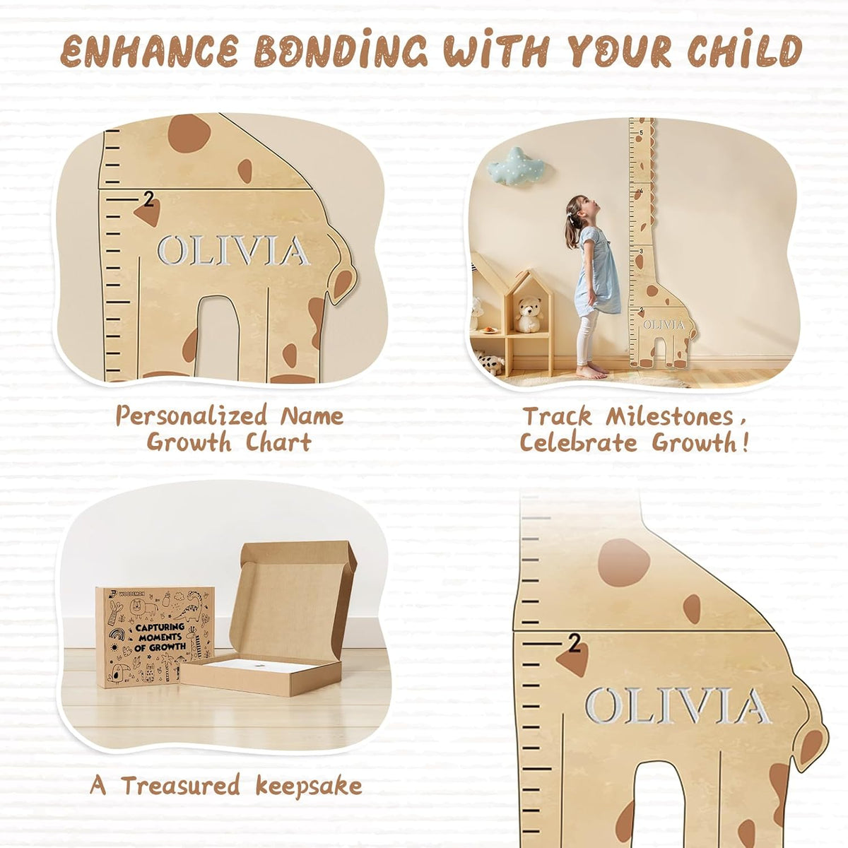 Personalized Name Kids Growth Chart for Wall, Cute Giraffe Wooden Growth Chart Kids Height Chart