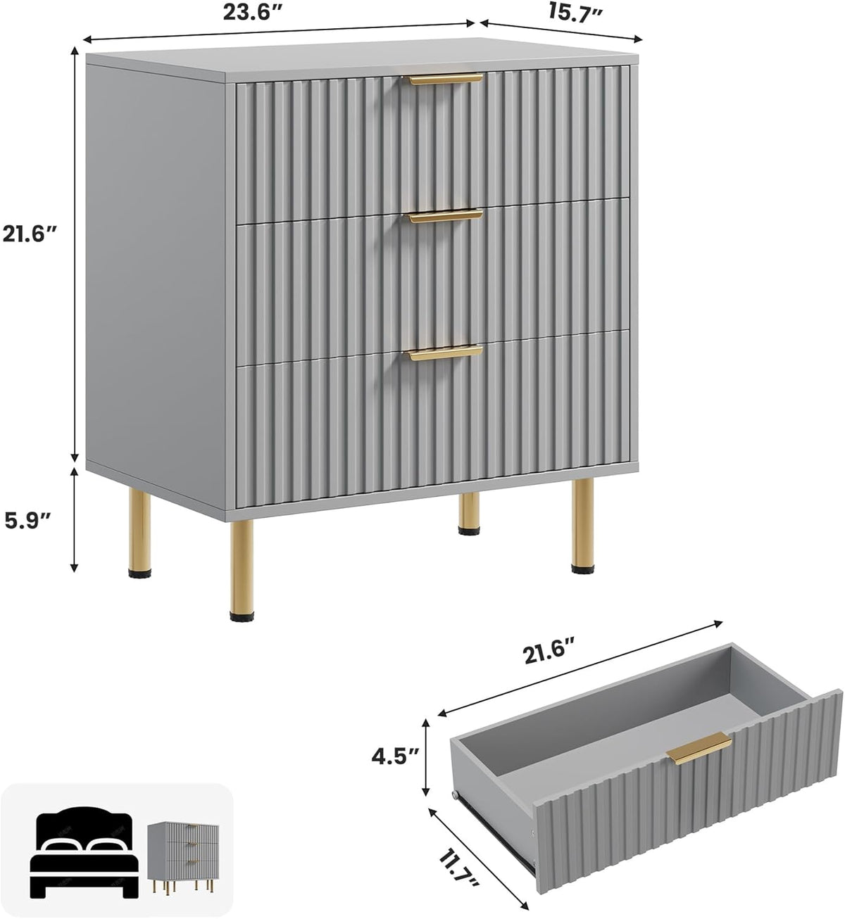 3 Drawer Dresser for Bedroom, Fluted Modern Nightstand with Deep Drawers, Chest of Drawers with