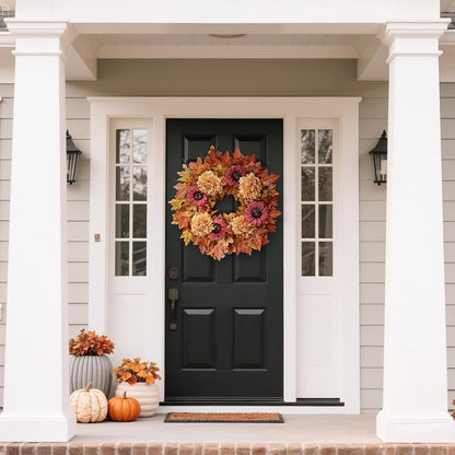 28'' Large Fall Wreath for Front Door, Porch, Window- Artificial Maple Leaves Faux Sunflower