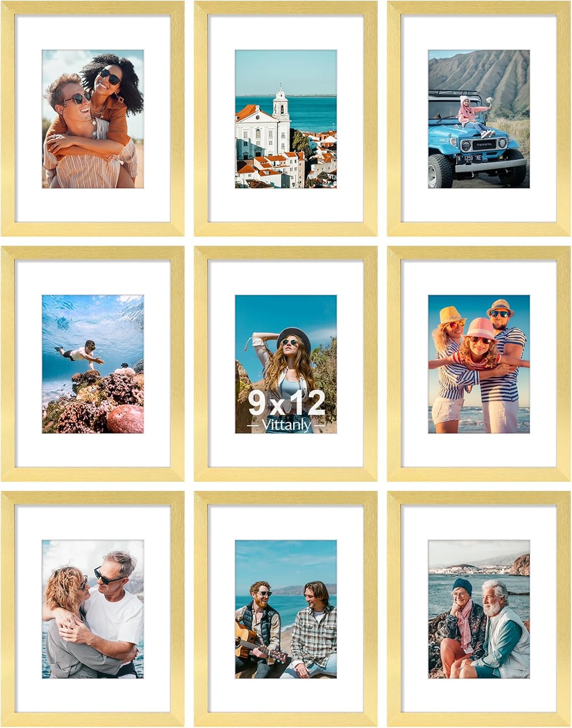 Vittanly 9x12 Picture Frames Set of 9, Shatter Resistant Plexiglass, Display 6x8 Pictures with Mat