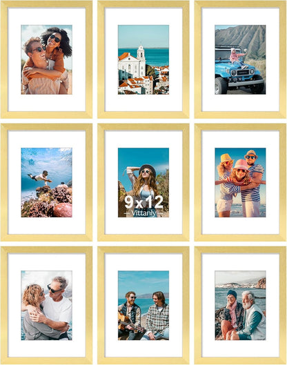 Vittanly 9x12 Picture Frames Set of 9, Shatter Resistant Plexiglass, Display 6x8 Pictures with Mat