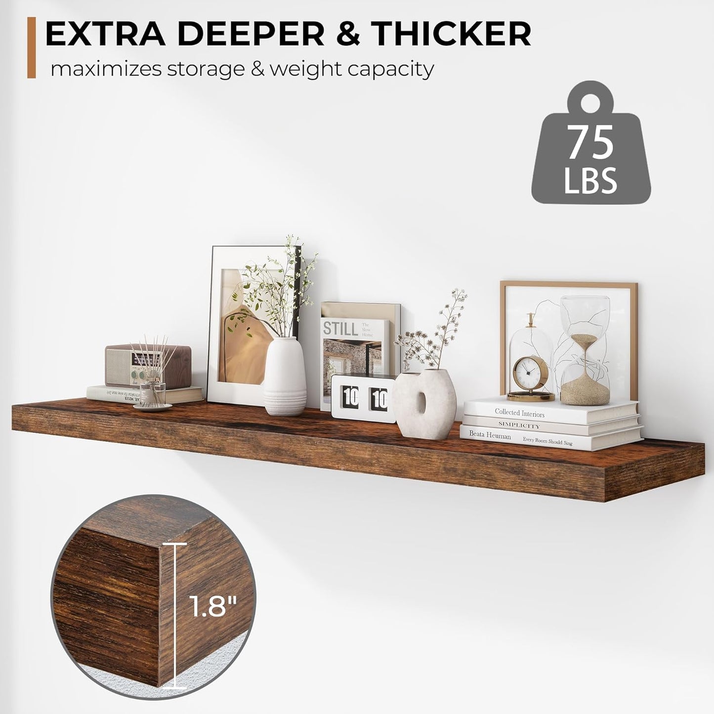 Fun Memories Floating Shelves - 12 Inch Rustic Wooden Wall Shelves - Extra Deeper & Thicker Wall