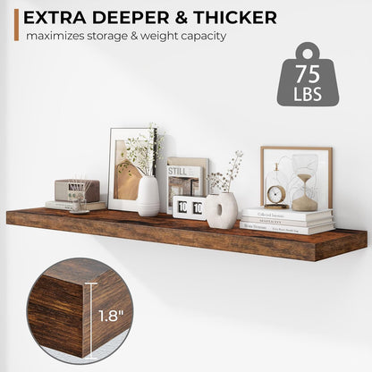 Fun Memories Floating Shelves - 12 Inch Rustic Wooden Wall Shelves - Extra Deeper & Thicker Wall