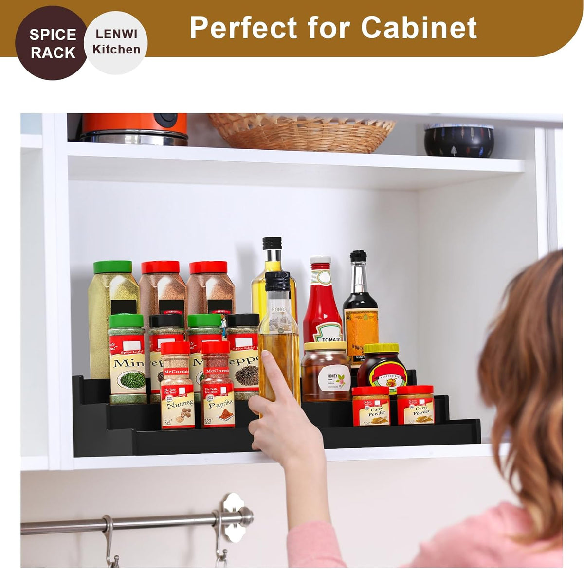 Spice Rack Organizer for Cabinet, 3 Tier Expandable Bamboo Spice Storage, Great for Kitchen