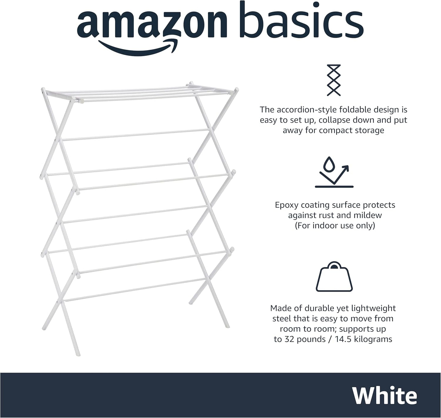 Amazon Basics Foldable Portable Laundry Rack for Air Drying Clothing, Indoor Outdoor Use - 14.5" D