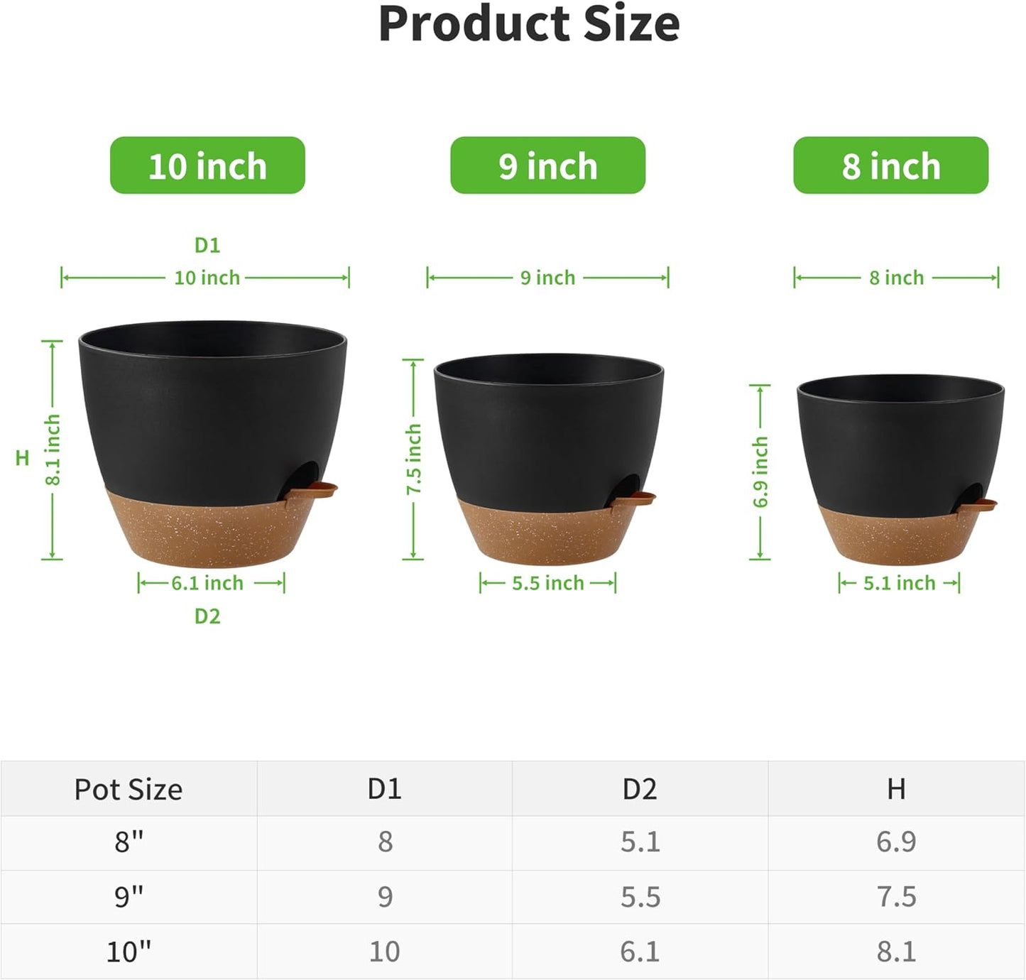 FaithLand 3-Pack Planter Pots, 10 9 8 Inch Self Watering Flower Pots for Indoor Outdoor Garden