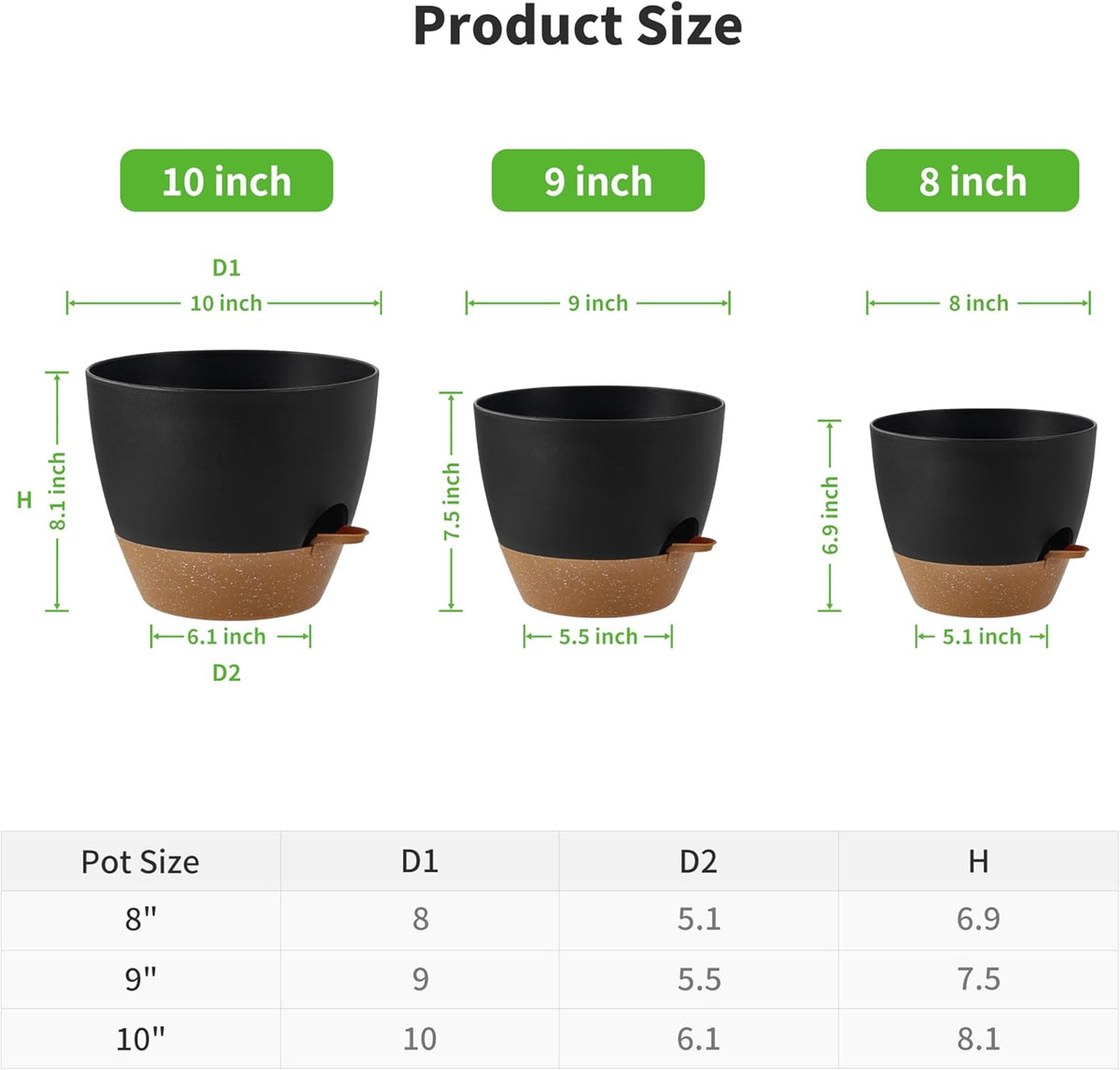 FaithLand 3-Pack Planter Pots, 10 9 8 Inch Self Watering Flower Pots for Indoor Outdoor Garden