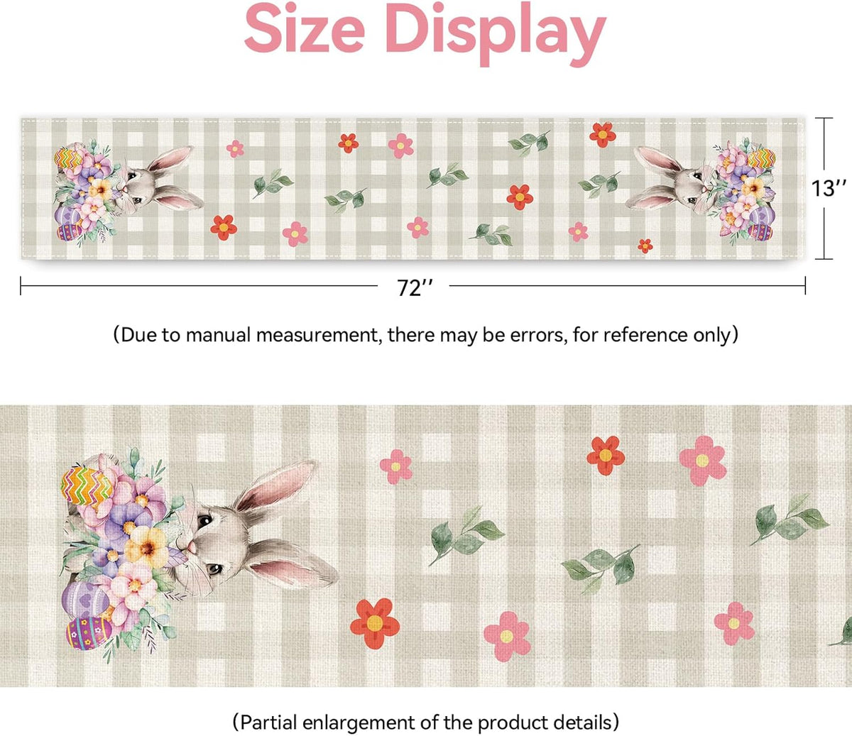 Easter Table Runner 13x72 Inch Bunny Rabbit Flowers Leaves Buffalo Plaid Eggs Seasonal Holiday