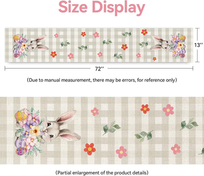 Easter Table Runner 13x72 Inch Bunny Rabbit Flowers Leaves Buffalo Plaid Eggs Seasonal Holiday