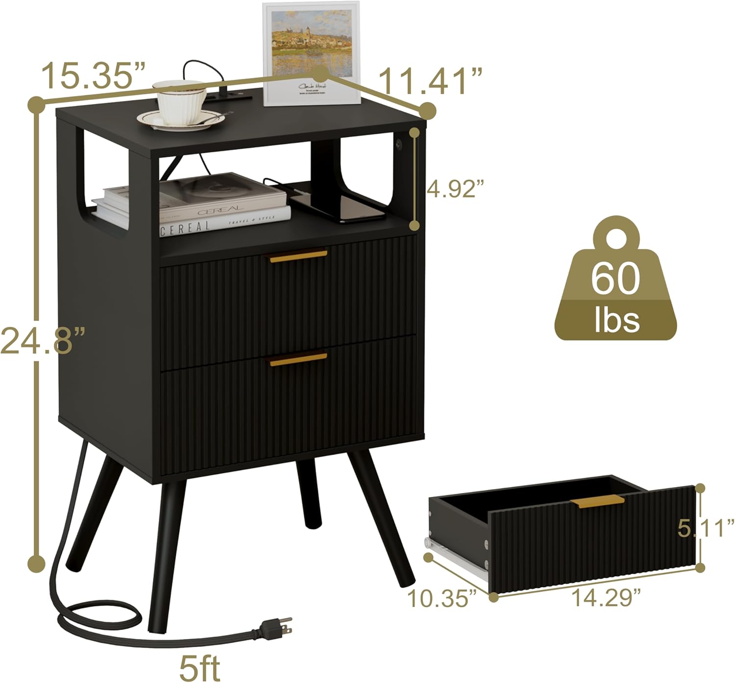 Black Nightstand with Charging Station and LED Lights,Modern Bedside Table with 2 Storage Drawer