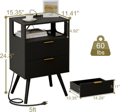 Black Nightstand with Charging Station and LED Lights,Modern Bedside Table with 2 Storage Drawer