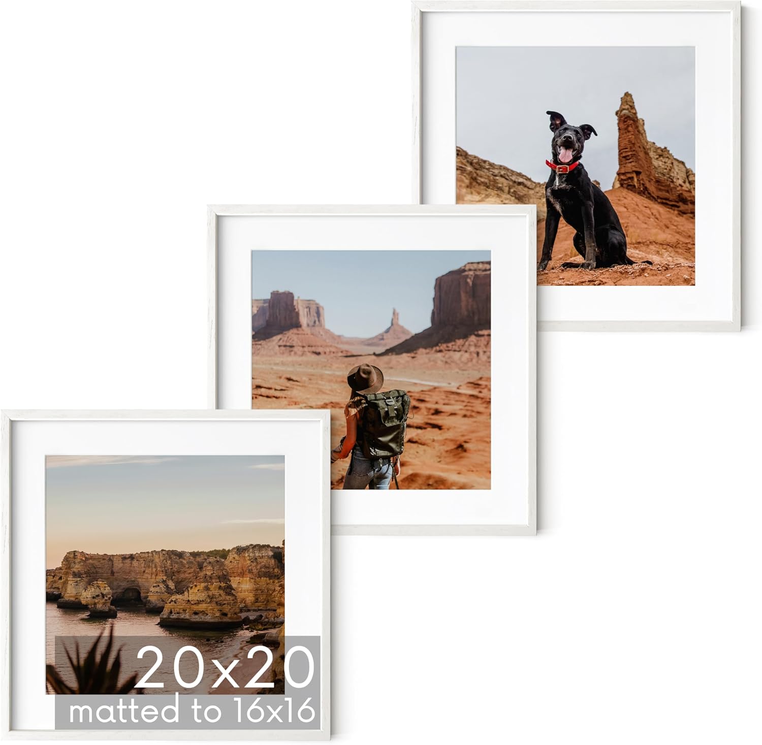 HAUS AND HUES Solid Oak Wood 20”x20” Picture Frames Matted to 16”x16” Set of 3-3 Piece White Square