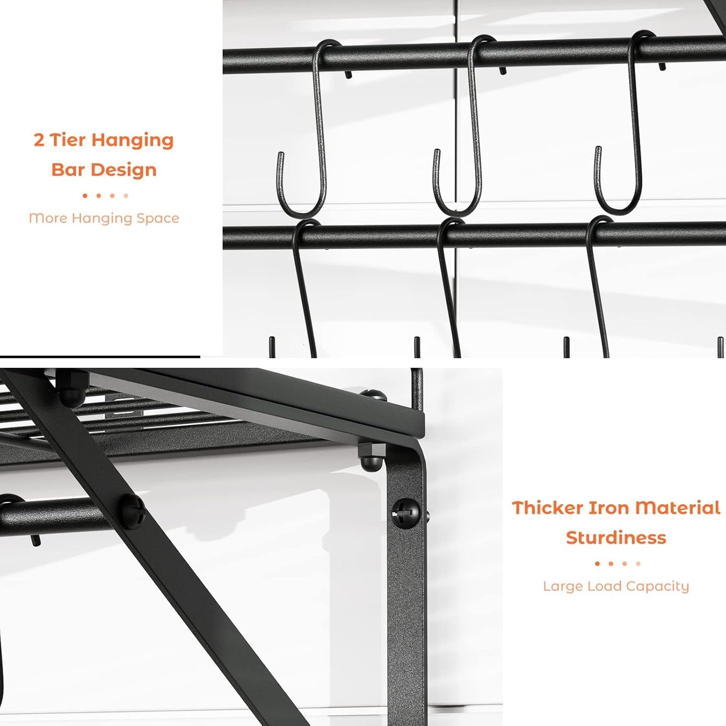 OROPY 31 Inch Wall Mounted Pot Rack Storage Shelf with 2 Tier Hanging Rails 14 S Hooks included