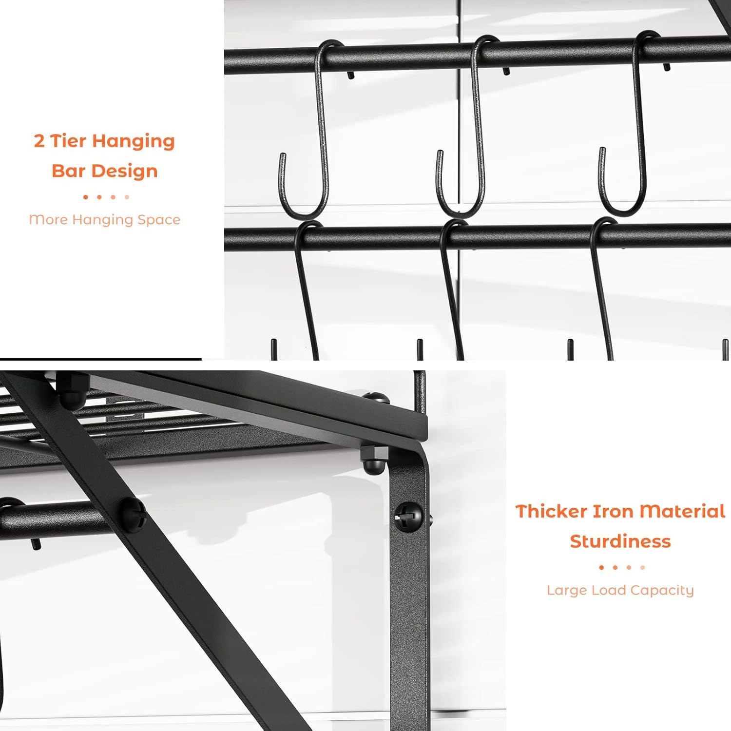 OROPY 31 Inch Wall Mounted Pot Rack Storage Shelf with 2 Tier Hanging Rails 14 S Hooks included
