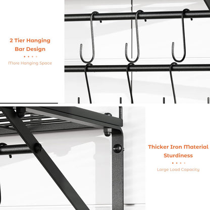OROPY 31 Inch Wall Mounted Pot Rack Storage Shelf with 2 Tier Hanging Rails 14 S Hooks included
