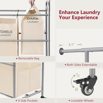 Tajsoon Laundry Hamper with Hanging Rack, Laundry Sorter 4 Sections, 4 Basket Butler with Lockable
