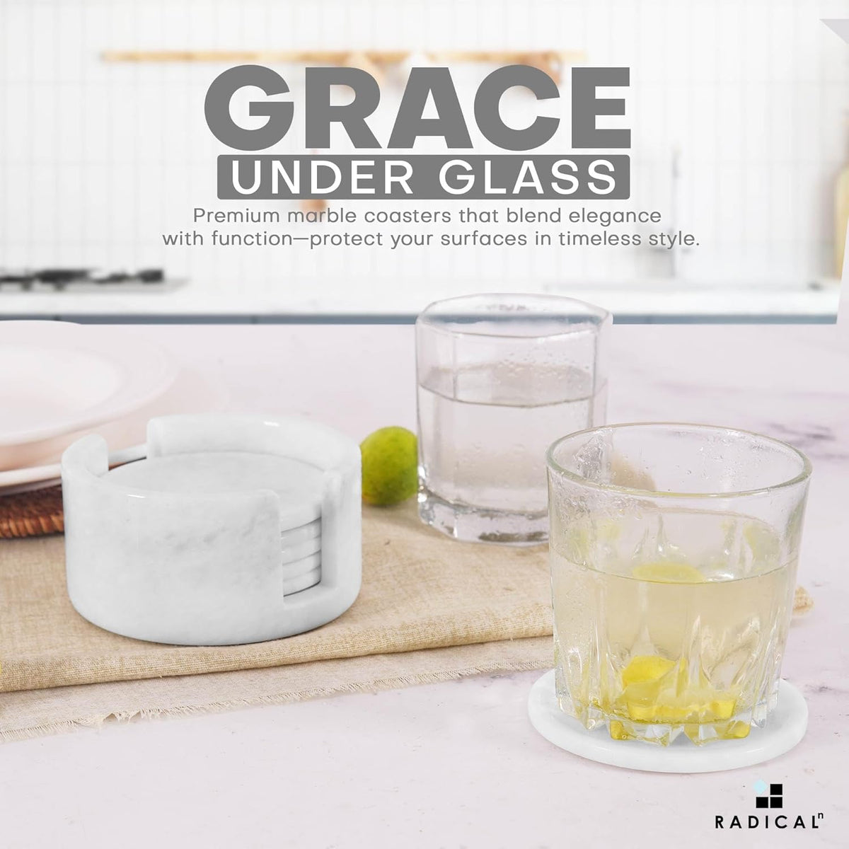 Marble Coasters Set of 6 White 3.5 Inch Round Coaster for Drinks with Holder, Drink Coaster for