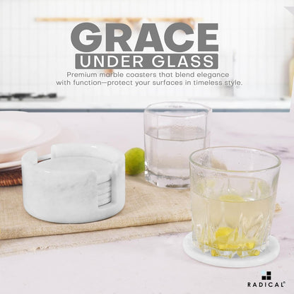 Marble Coasters Set of 6 White 3.5 Inch Round Coaster for Drinks with Holder, Drink Coaster for