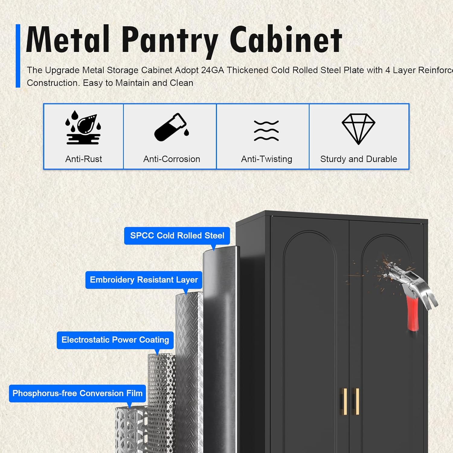 60" Tall Kitchen Pantry Cabinet, Metal Pantry Cabinet with Doors and Adjustable Shelves, Black