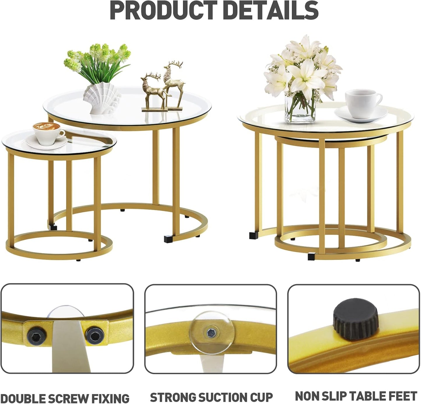 aboxoo Gold Nesting Coffee Table Set of 2, Small Glass Round Nesting Tables for Living Room