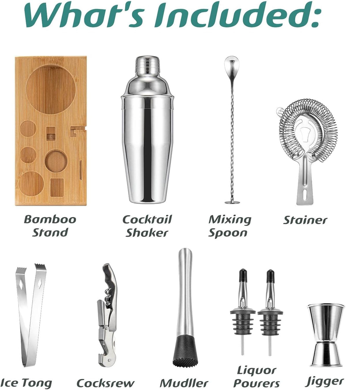 Cocktail Shaker Set, Mixology Bartender Kit 10-Piece Bar Tool Set with Stylish Bamboo Stand, Bar