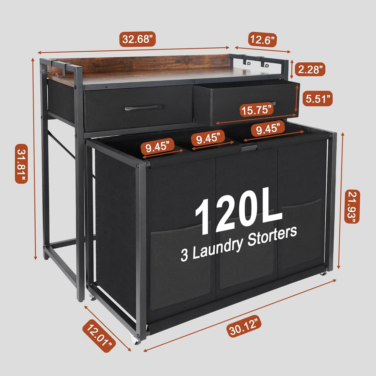 Rolling Laundry Sorter with wheels, Laundry Hamper 3 Section with shelf - 3 × 10.5 Gal (120L)