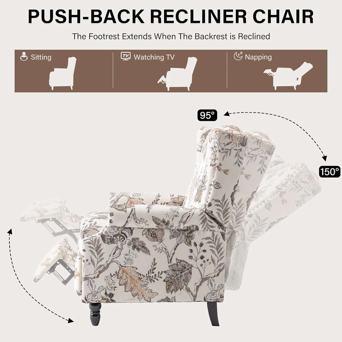 UIXE Pushback Recliner Chair, Fabric Upholstered Armchair Push Back Accent Chair for Living Room