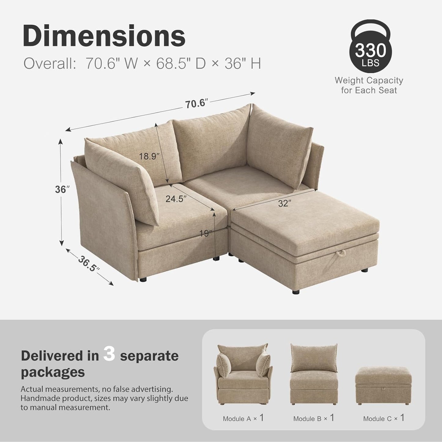 Luxury Modular Sectional Sofa, L-Shaped 3-Seat Couch with Storage Ottoman Deep Seat & Reversible