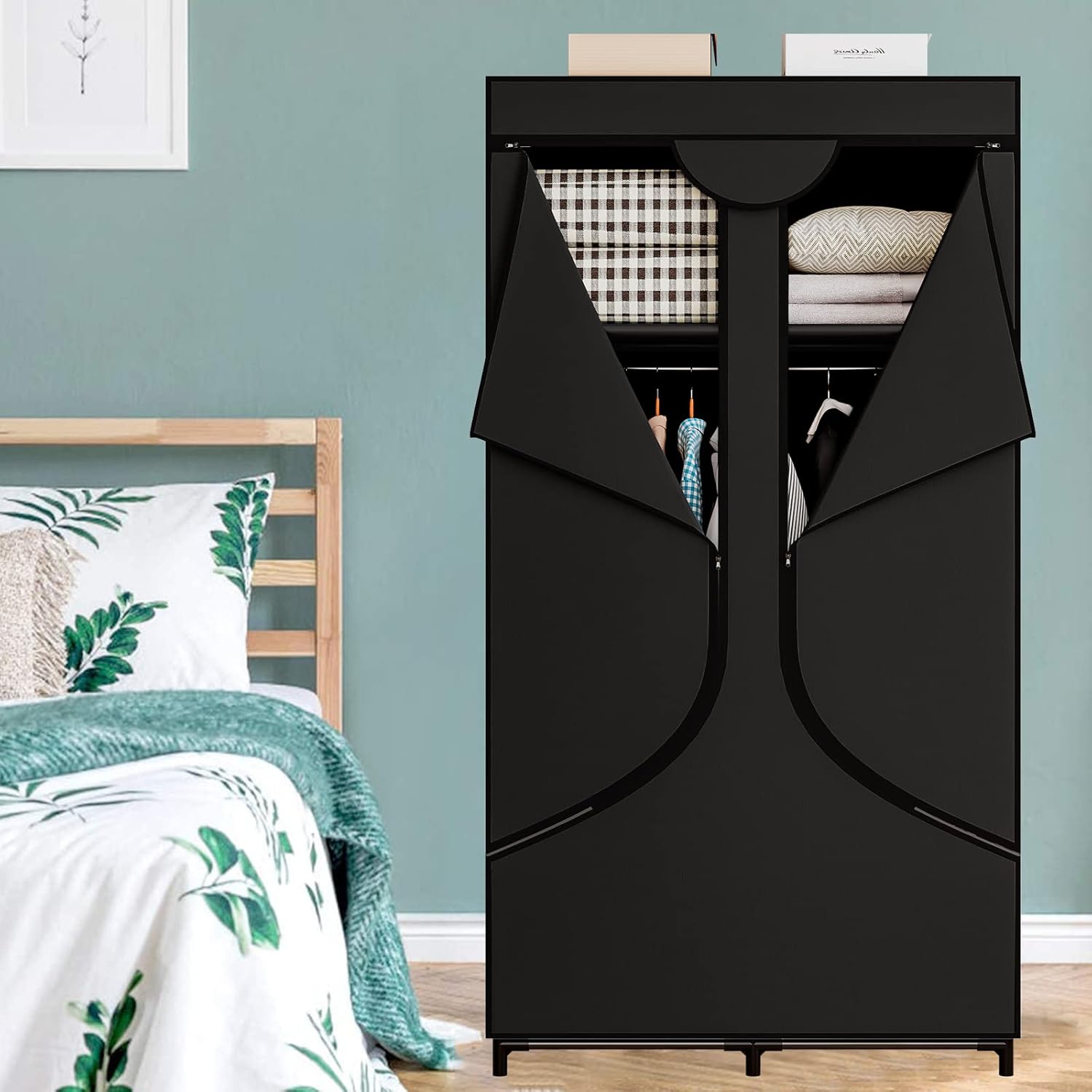 SORCEDAS Portable Wardrobe Closet Storage Organizer Metal Hanging Rack Non-Woven Fabric 34 Inch