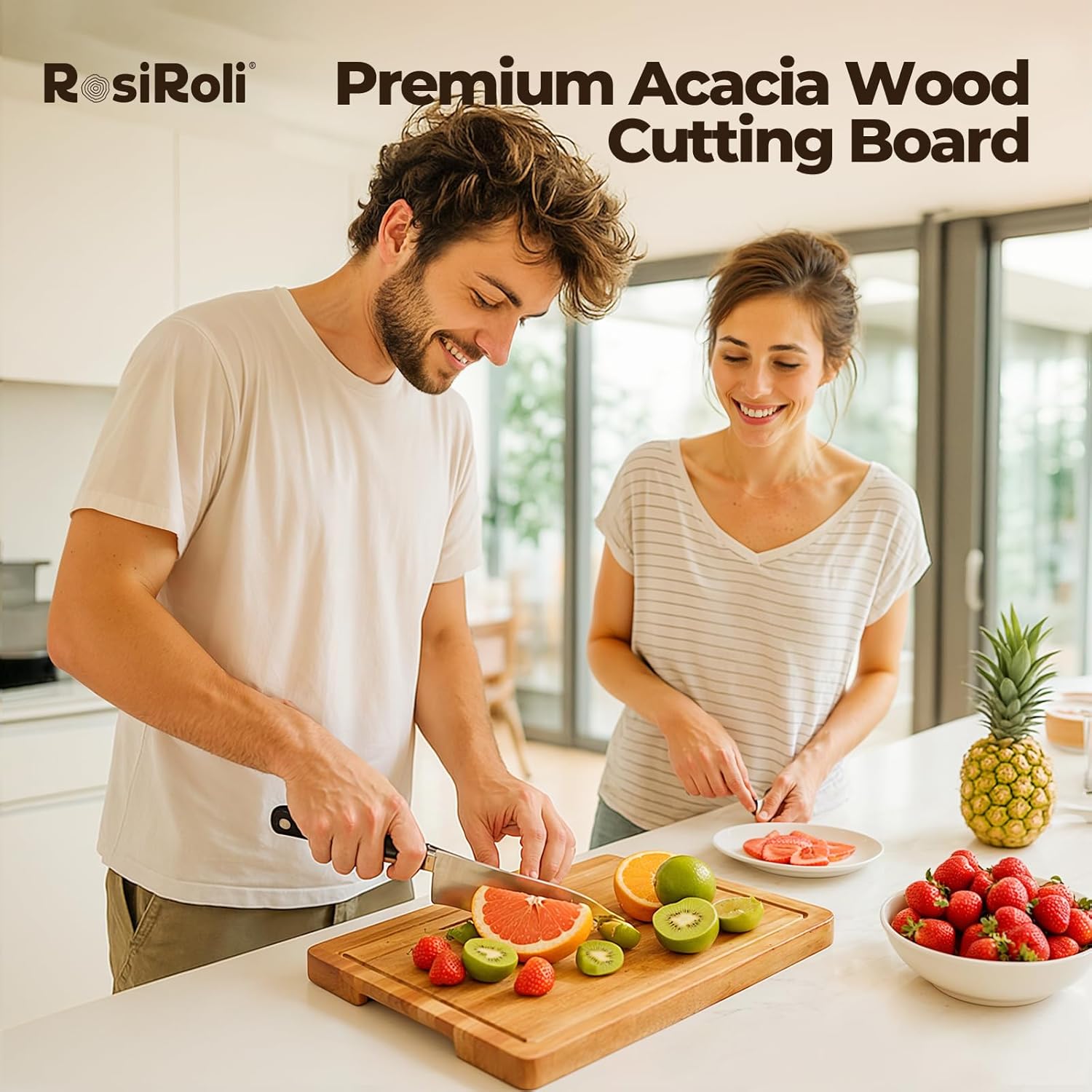 Acacia Wood Cutting Board for Kitchen - 0.8 inch Thick Wood Charcuterie Cheese Board with Side