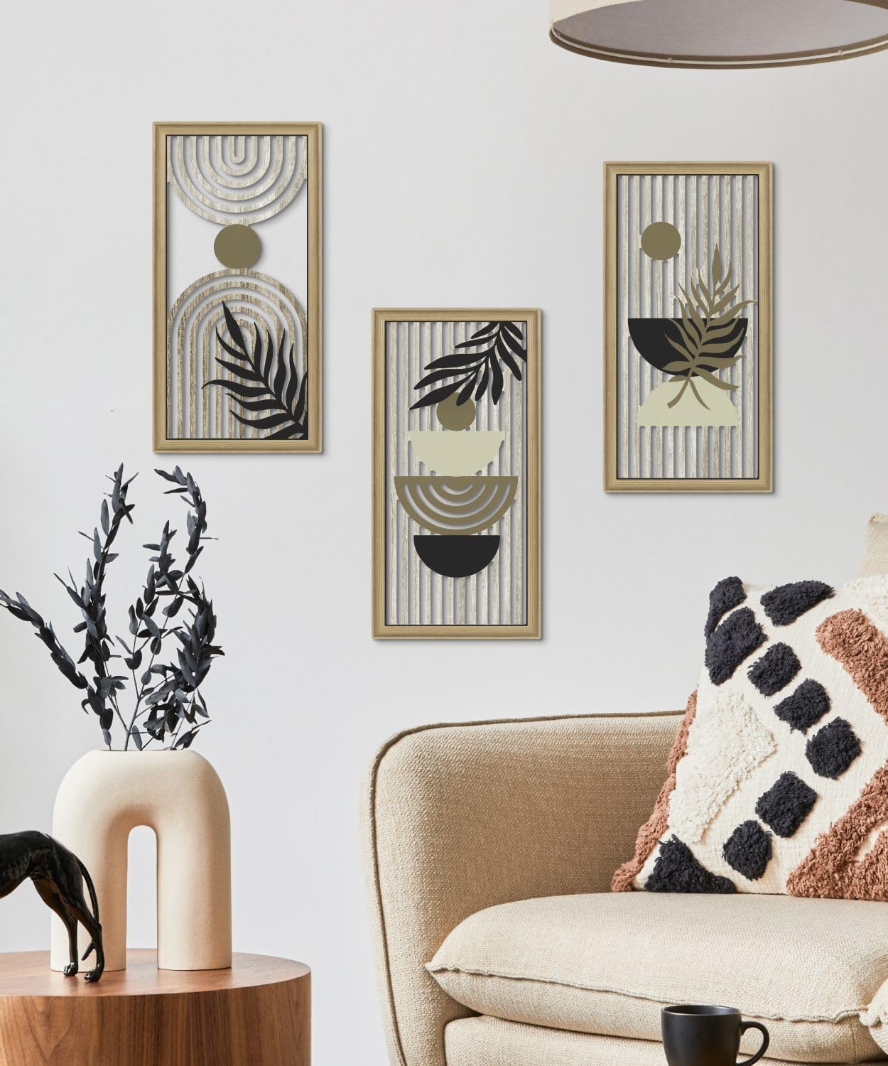 Putuo Decor Boho Abstract Wall Art, Set of 3, Modern Geometric Botanical Wooden Wall Decor