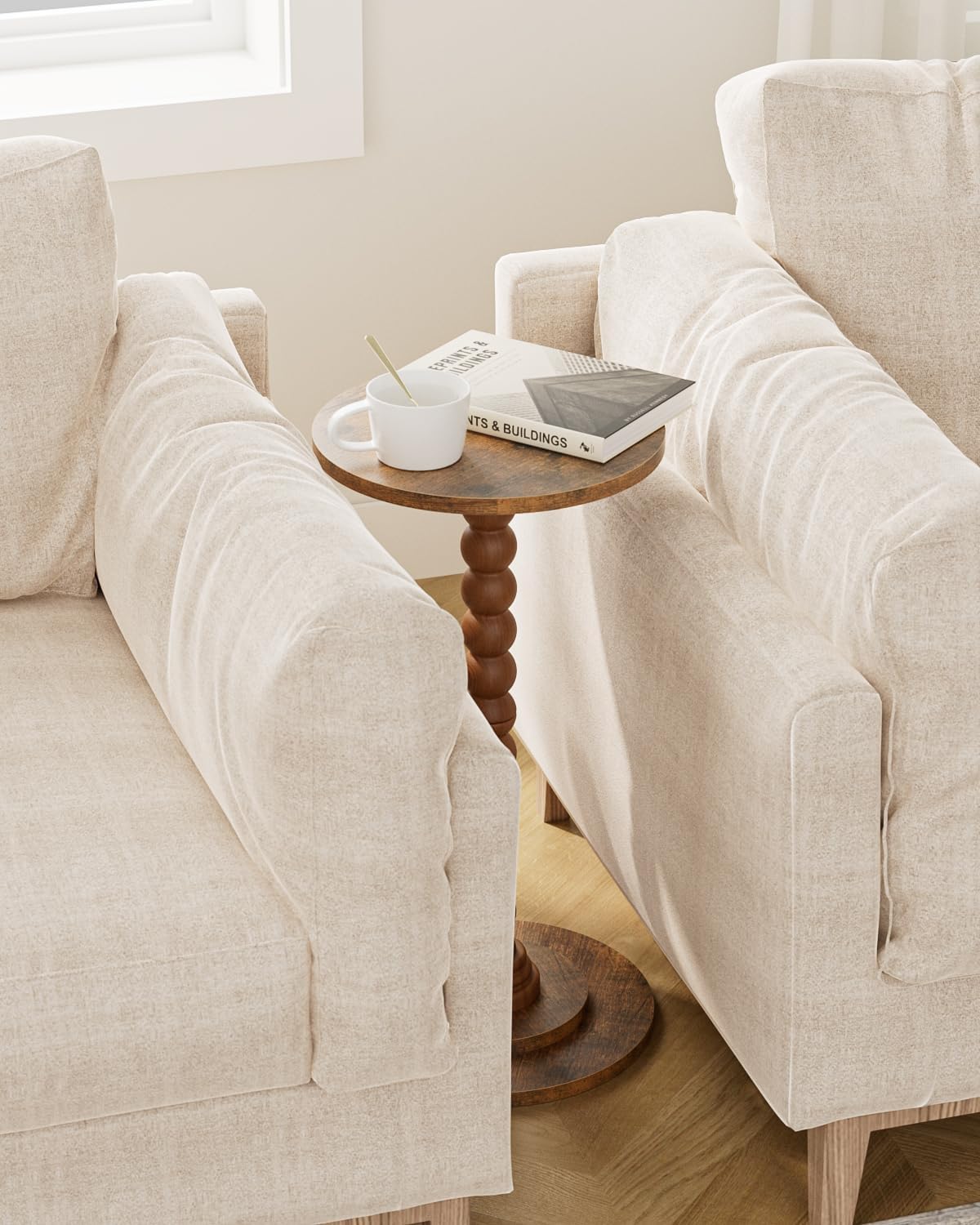 Masupu Round Side Table, Small End Table for Small Spaces, Pedestal Drink Table with Solid Wood Leg