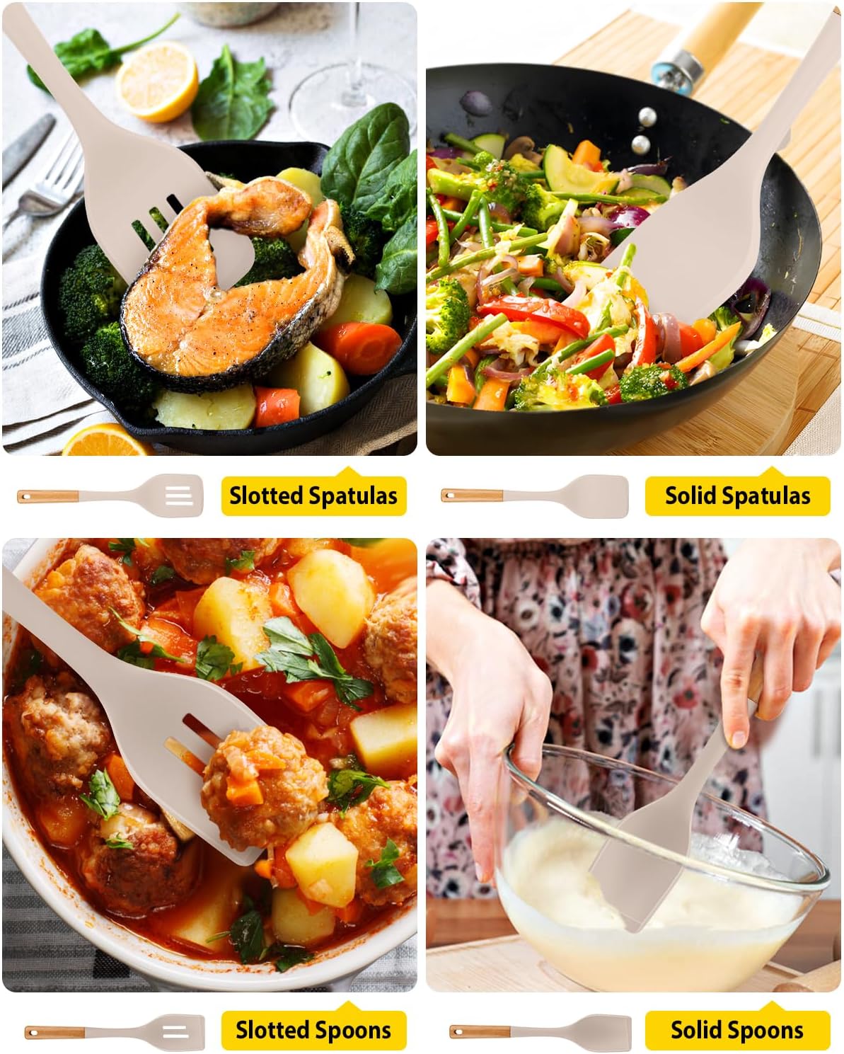 Pack of 4 Silicone Kitchen Utensils Set, Non Stick Solid Spatulas and Heat Resistant Slotted Spoons