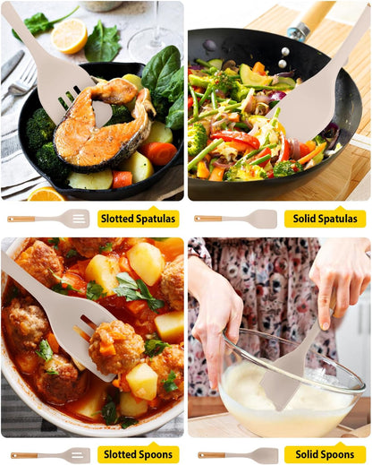 Pack of 4 Silicone Kitchen Utensils Set, Non Stick Solid Spatulas and Heat Resistant Slotted Spoons