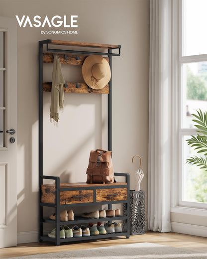 VASAGLE Hall Tree with Bench and Shoe Storage, Entryway Coat Rack with Shoe Bench, 2 Fabric